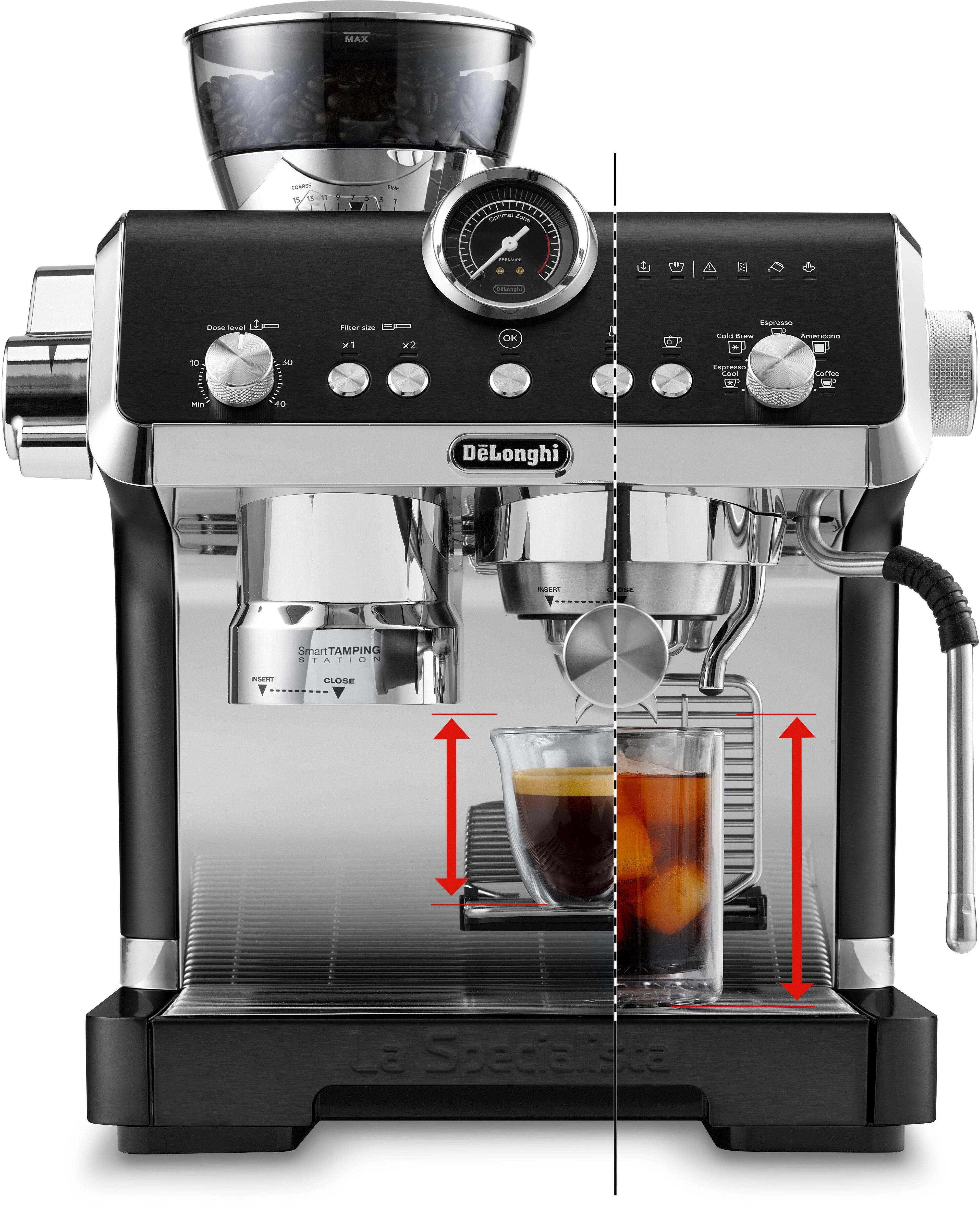 De'Longhi La Specialista Opera Siebträgermaschine in Schwarz mit verchromtem Vollmetall-Gehäuse