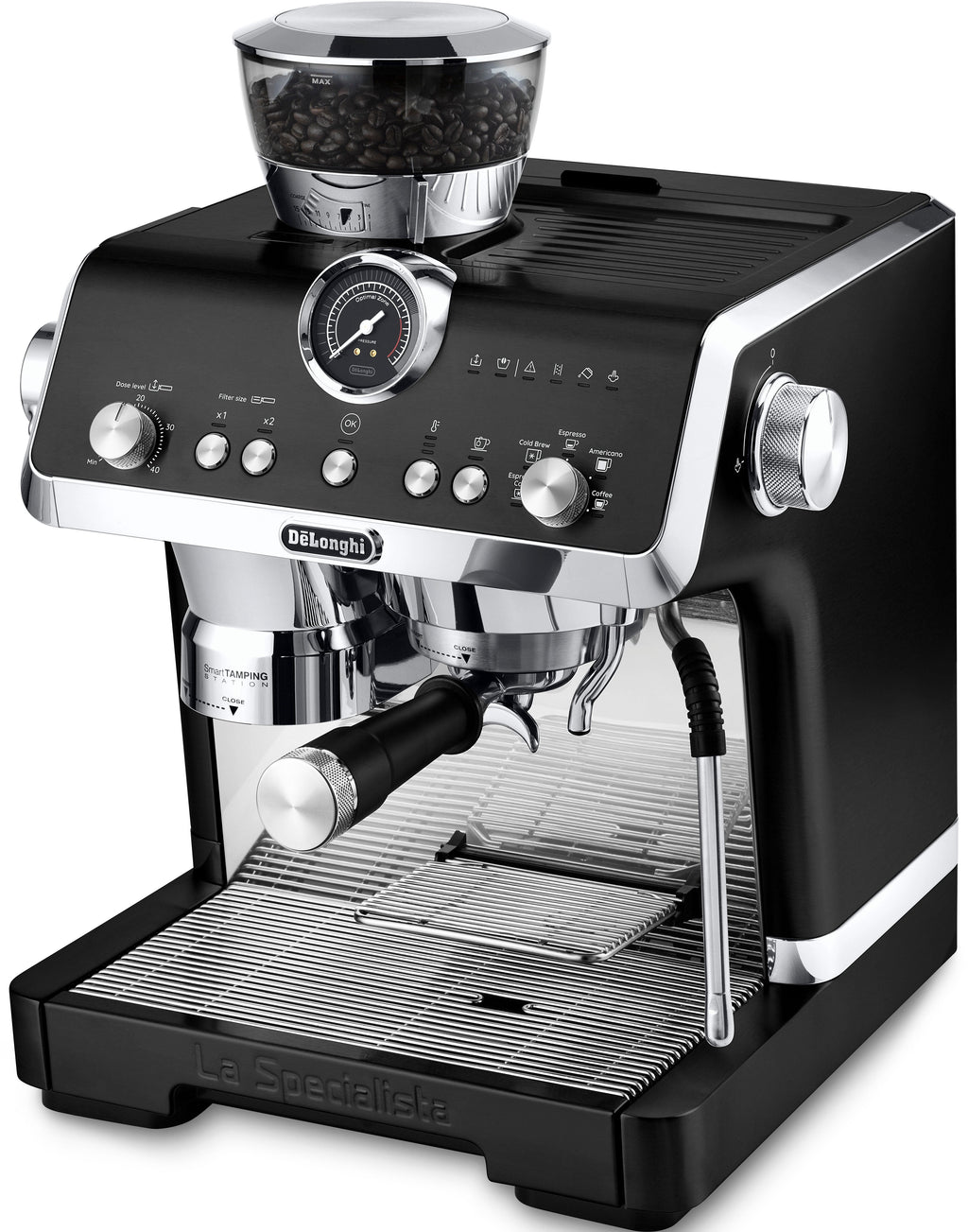 De'Longhi La Specialista Opera Siebträgermaschine in Schwarz mit verchromtem Vollmetall-Gehäuse
