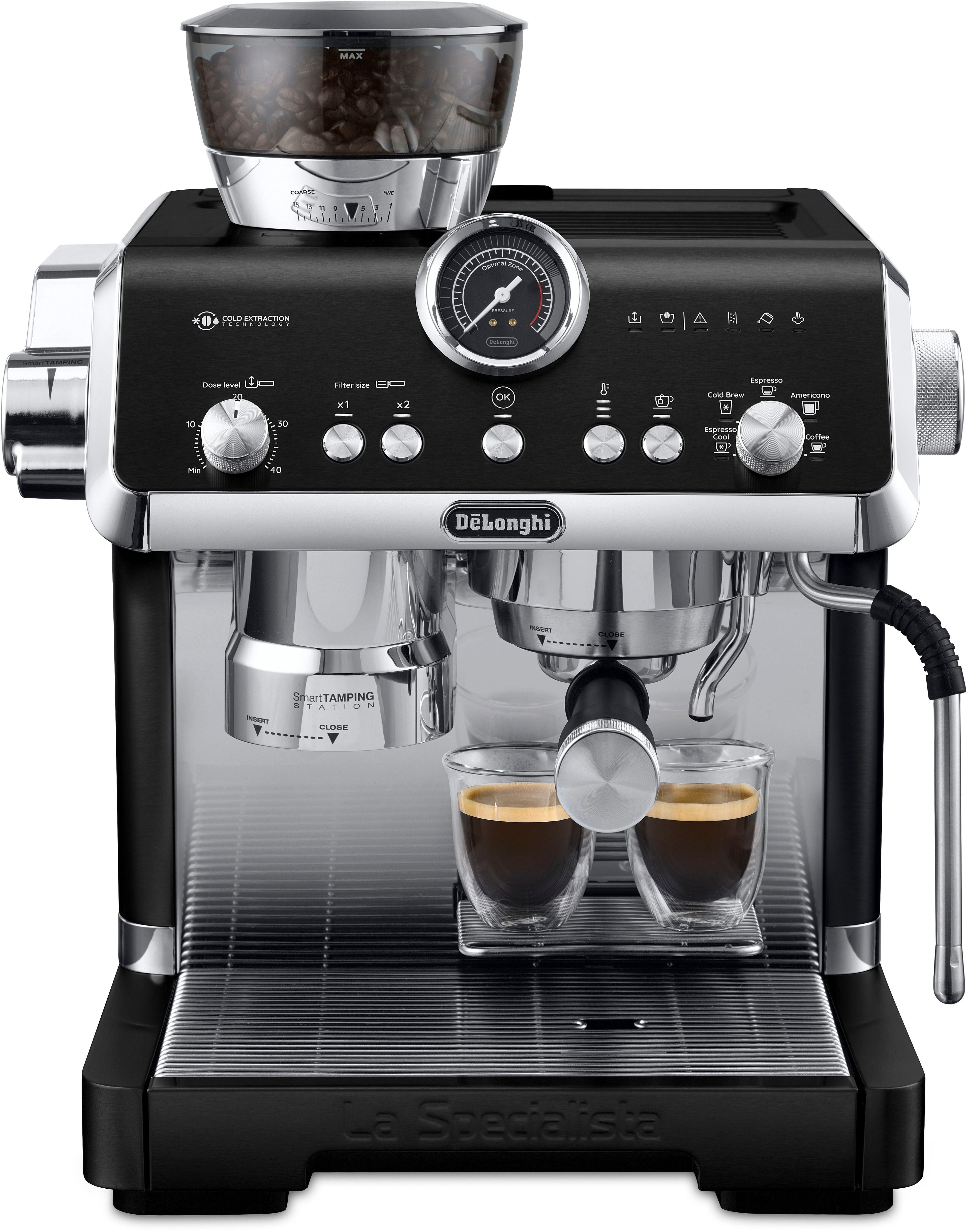 De'Longhi La Specialista Opera Siebträgermaschine in Schwarz mit verchromtem Vollmetall-Gehäuse
