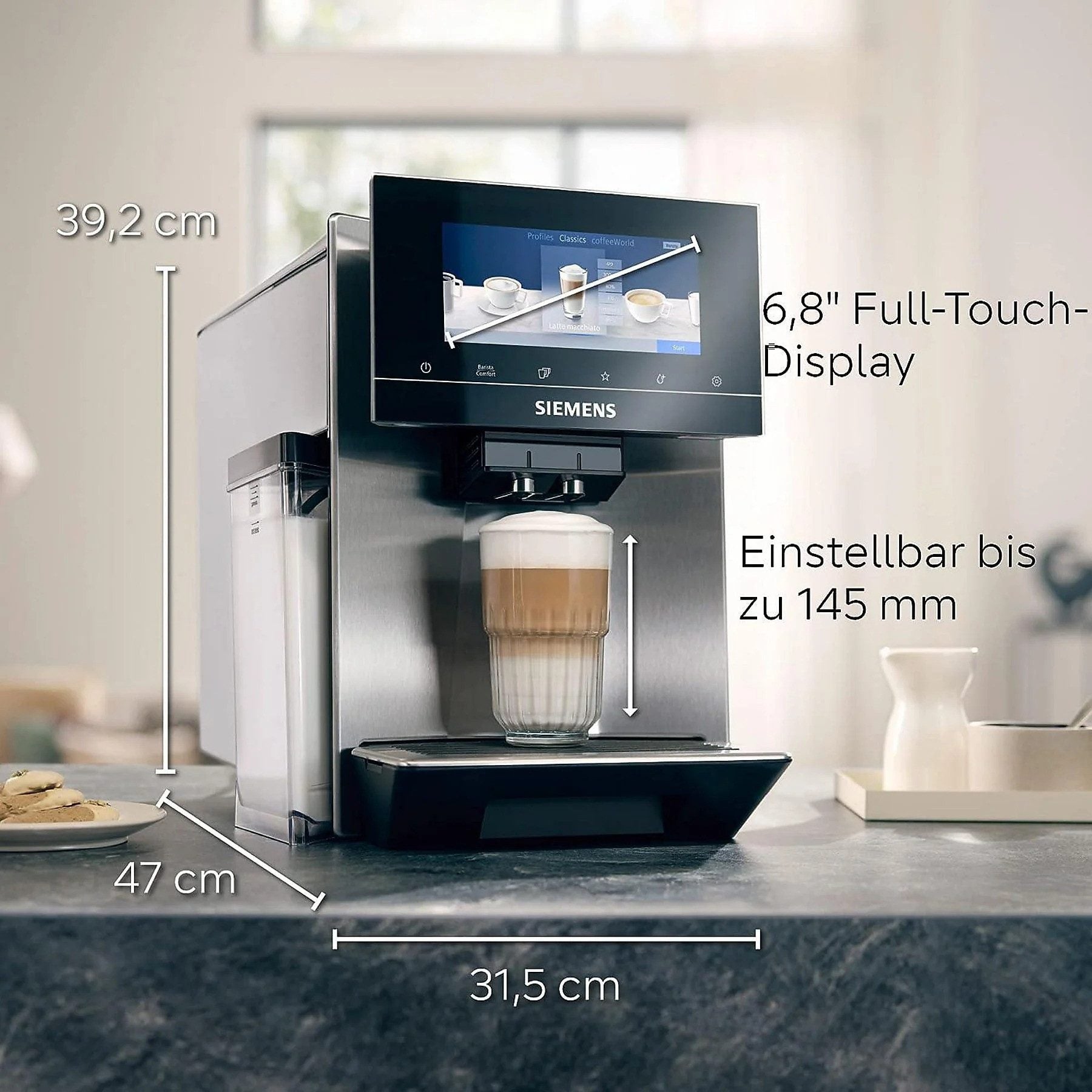 Siemens TQ907D03 Kaffeevollautomat mit Dual-Bohnenbehälter-System und Touchdisplay
